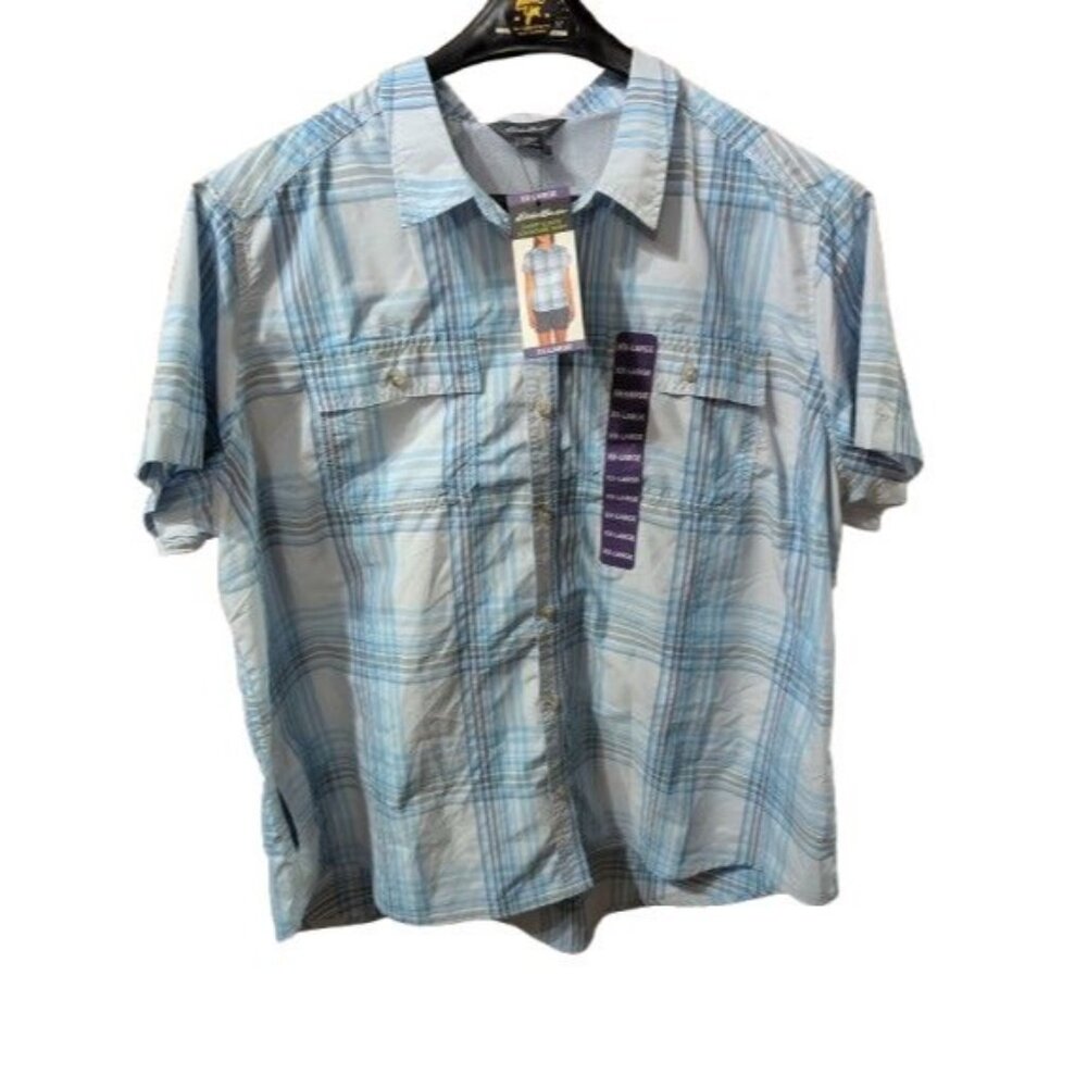 Eddie Bauer Women's Short Sleeve UPF 50+ Adventure Top Shirt Blue Plaid Size XXL